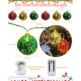 Christmas Tree Ball Ornament Lights 7FT Battery Operated Christmas Lights Indoor 10 LED Colored Ball Light with 8 Modes & Timer, Xmas Globe String Light for Bedroom Party Fireplace Porch Decor