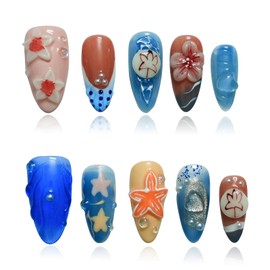 Tesytto Ocean Medium Almond Press on Nails - 10pcs 3D Flower & Pearl Charms, Handmade Blue Stick On Nails for Summer Vacation Nail Art (Blue Floral Carving,M)