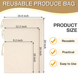 Eolilim 6PC Canvas Drawstring Bags, 3 Size (M, L, XL) Cotton Bag Easy to Use, Reusable Produce Bags for Vegetables, Fruits and Bread