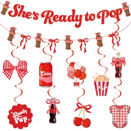She's Ready to Pop Banner Red Bow Soda Garland with Hanging Swirls for Shes Ready to Pop Baby Shower Decorations Retro Coquette Soda Theme Party Décor