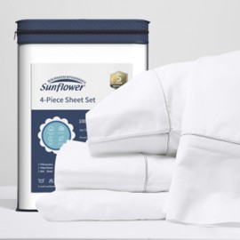 Sunflower 100% Cotton Sheet Set Queen, 22" Extra Deep Pocket 4-Piece Sheet Set, 300TC Flat Sheet Fitted Sheet, Ultra Soft & Hypoallergenic, White