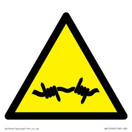 W033 Warning: Barbed wire Sign - 85x85mm - S85