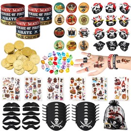 Harrycle 144 Pcs Pirate Party Favors Supplies Include Pirate Bracelet Nautical Tattoo Button Pin Eye Patch Gold Coin Gem Ring Mustache Organza Bag for Kids Boy Pirate Birthday Party Goodie Bag Fillers