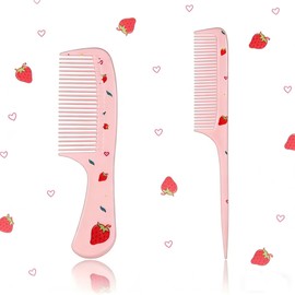 Small Cute Hair Comb,2 Piece Mini Hair Comb Set Fine Tooth Rat Tail Comb Portable Anti-Static Plastic Hairdressing Comb Gift For Wet And Dry (Pink Strawberry)