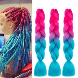 Braiding Hair Ombre Pink to Lake Blue Kanekalon Braid Hair Extensions Hot Water Setting High Temperature Synthetic Fiber 24 Inches(B41-3Pack)