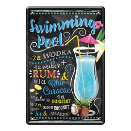 Swimming Pool Cocktail Recipe Tin Sign - Retro Decorative Sign - Metal Sign for Decoration of Kitchen Beach Bar Pub Cellar Bar Lounge Pub - Instructions for Cocktail Long Drink Mixing - 20 x 30 cm