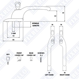 FixRello Window Handle 40mm Spindle - Offset Left-Handed espag Inline Locking Handle for DIY and Home Repairs - uPVC Window Handle - Comes with Screws, Caps and Key (White, Right Hand)