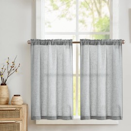 TOPICK Linen Kitchen Curtains 45 Inch Drop Grey Short Curtains Cafe Curtains for Bathroom Cupboard Rustic Farmhouse Light Filtering Small Window with Rod Pocket Decor 2 Panels
