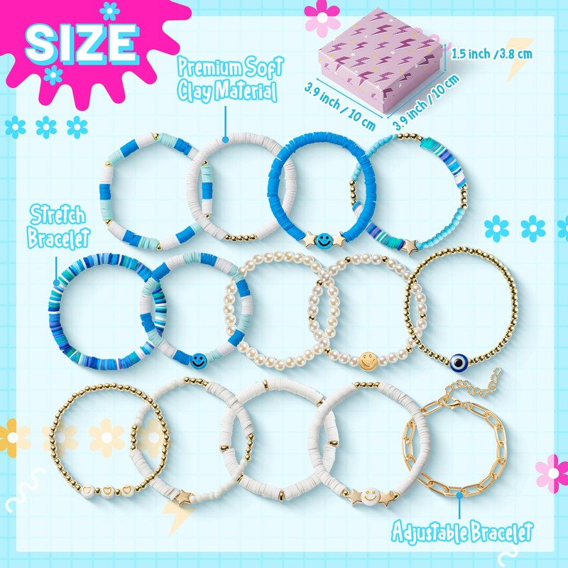 LieToi 14Pcs Preppy Heishi Bracelets Sky Blue and White Smile