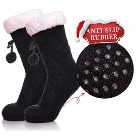 YEBING Womens Non Slip Slipper Socks Winter Warm Soft Cozy Fuzzy Fleece-lined Grippers Home Socks (Black)