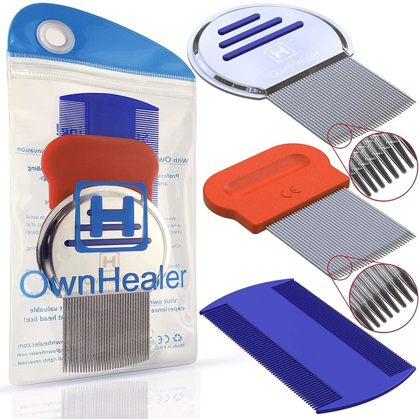 OwnHealer Lice Comb [Pack of 3] - Fast Removal of Lice Eggs, Nits and Dandruff. Professional Results for Head Lice Treatment on All Different Types of Hair. Peine para piojos y liendres.