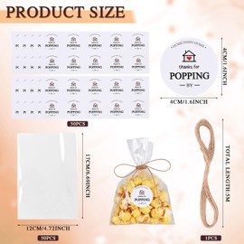 AIOMOB 50 Set Thanks for Popping by Popcorn Bags Housewarming Popcorn Sticker Clear Popcorn Favor Bags with Jute String Treat Bags for Housewarming Birthday Party