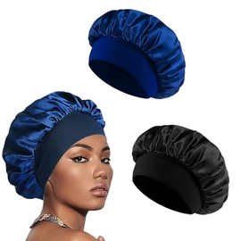 2 Stücke Schlafhaube Seide zum Nacht Haarhaube für die Nacht für Damen,Verstellbare Satin Haarhaube mit Elastik band(schwarz&dunkelblau)