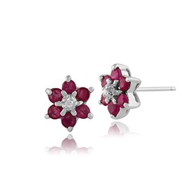 Gemondo 9ct White Gold Round Six Ruby & Diamond Floral Cluster Stud Earrings