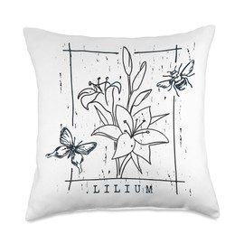 Lily Flower Seeds Aesthetic Floral Butterfly Bumble Bee Throw Pillow
