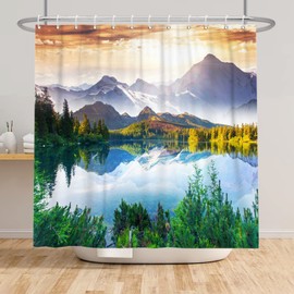 Mountain Shower Curtain Forest Shower Curtains Lake Sunny Day Nature Shower Curtain Set Art Paintings Effect Print, Polyester Fabric Bathroom Shower Curtain Set with Hooks 72x72 Inch