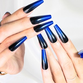 STREETKITTY Radiant Ombre Long Coffin Press On Nails, Stick On Fake Nails with Designs Pack, 24pcs Fales Nails Kit with Nail Glue Gift for Grils (Midnight Blue Shimmer)