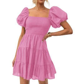ZESICA Women's Boho 2025 Summer Square Neck Puff Sleeve Off Shoulder Smocked Tiered Casual A Line Short Mini Dress,Dustypink,Large