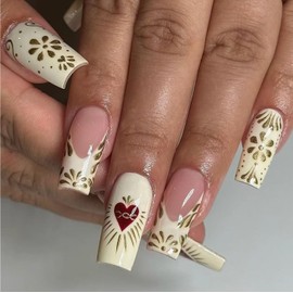 Gold Press on Nails French Tip Fake Nails Medium Square Glue on Nails Press ons Glossy Heart False Nails Flower Yellow Stick on Nails Red Acrylic Nails Valentine’s Day Acrylic Press on Nails for Women