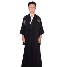 Japanese Mens Traditional Kimono Samurai Hakama Aikido Kendo Uniform Japanese Bushi Chef Uniform Costume Outfit (Black)