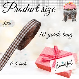 3/8 Inch Plaid Ribbon,3 Rolls Tartan Plaid Ribbon for Crafts,30 Yards Polyester Woven Edge Plaid Ribbon Plaid Wired Ribbon for Gift Wrapping DIY Holiday Party Decor (Brown)