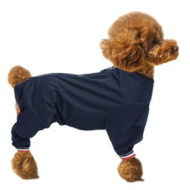 Dog full body raincoat, Dogs coats with legs, lightweight waterproof jacket, zipper closure, puppy jumpsuit with leash hole and reflective strip safety - Navy - XL
