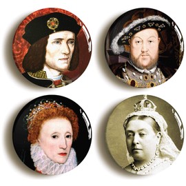 ENGLISH KINGS QUEENS MONARCHS BADGE BUTTON PIN SET (Size is 1inch/25mm diameter) HENRY VIII, RICHARD III, ELIZABETH I, VICTORIA
