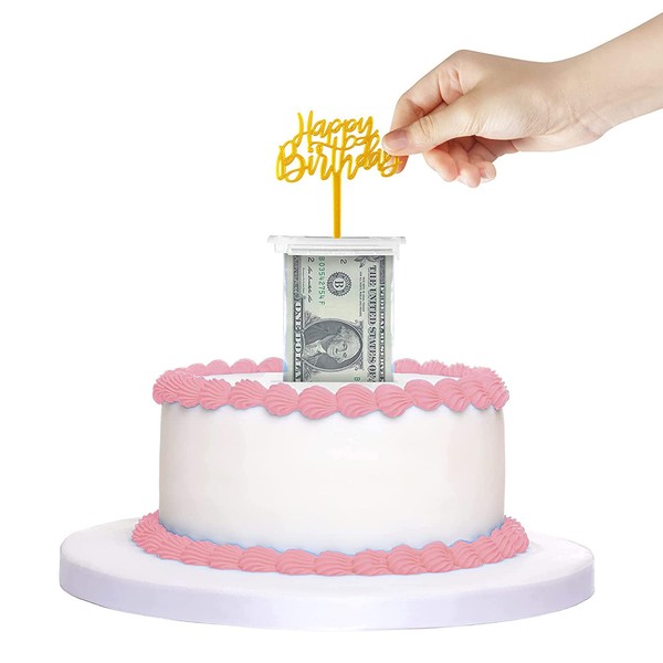 The Money Cake - Money Cake Pull Out Kit Includes 1 Money Box 1 Plastic Roll 50 Transparent Bag Connected Pocket, and Happy Birthday Cake Topper for Birthday Parties