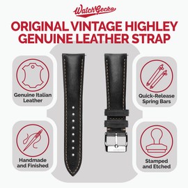 WatchGecko Vintage Highley Certified Genuine Italian Leather Replacement Watch Strap. Stylish and Durable Mens Wristwatch Strap. Padded for Comfort. Easy to fit. Black, 18 mm