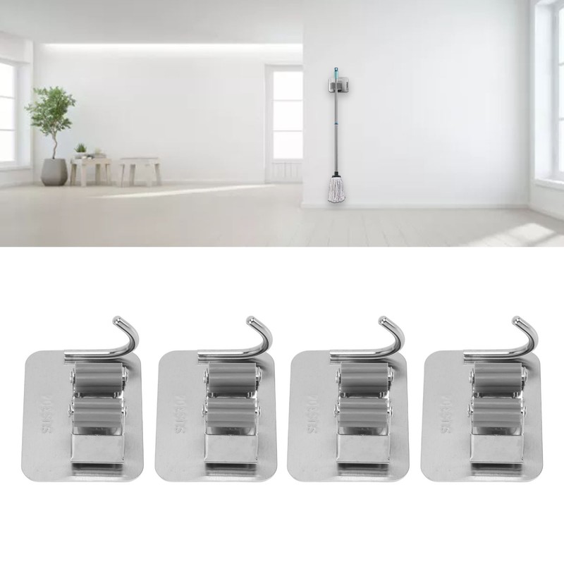 4Pcs Silver Mop Broom Holder with Hook Wall Mounted 304