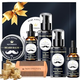 Beard Growth Kit - 7 Pcs Beard Care Kit for Men, Includes Beard Wash, Beard Oil&Growth Oil, Beard Conditioner, Beard Balm, Beard Comb, Gift Box Set fo