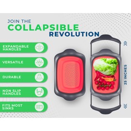 XL Large Kitchen Strainer by Comfify - Collapsible Silicone Over-The-Sink Colander with Extendable Handles - Use with Pasta, Fruit, Berries & Veggie - 6 Quart - Coral