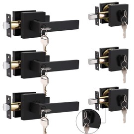 Brotima 3 Pack Keyed Entry Door Lever and Double Cylinder Deadbolt Set, Keyed Alike Reversible Lockset, Matte Black Square Interior/Exterior Handleset for Bedroom, Front Door