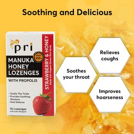 PRI Manuka Honey Lozenges with Propolis, Soothing Cough and Throat Drops, MGO 300+ Certified (Strawberry, 16 Count)