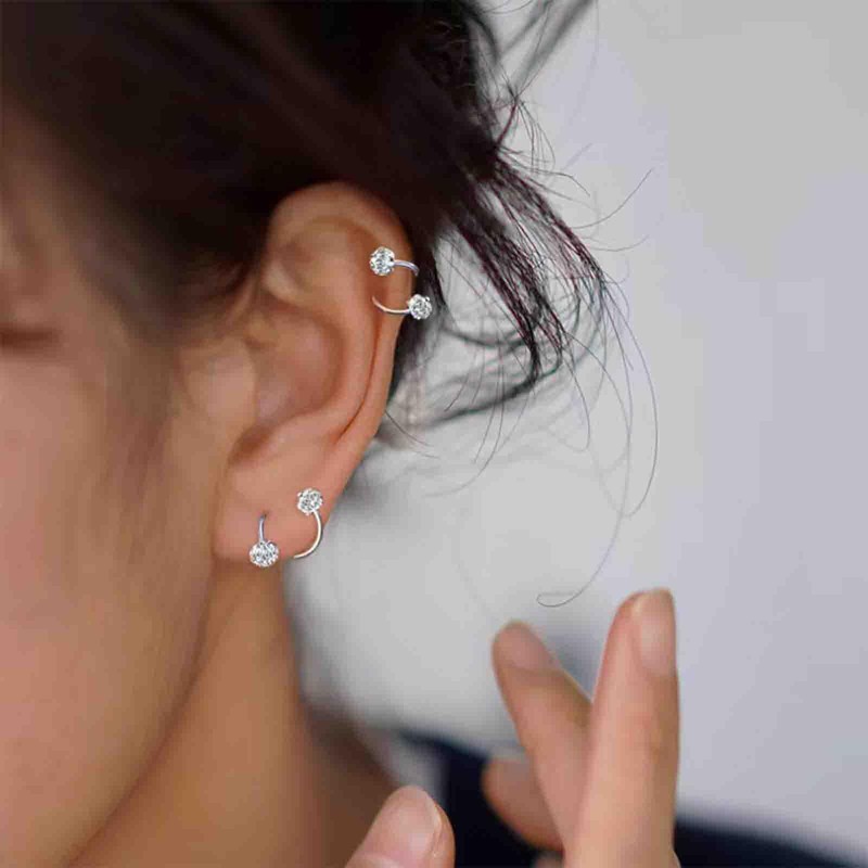 IRCOMULTI Silver Paved Crystal Ball Earrings Sparkling Rhinestone Double Ball