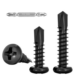 FandWay 100 Pcs Self Tapping Screws for Metal,M4.2x25mm Self Drilling Screws for Steel,Pan Head Sheet Metal Tek Screw,410 Stainless Steel Black Coating Phillips Drive With 1 Bits & Strong Box.