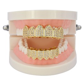 JINAO Gold Bottom Grillz 18K Gold Plated Iced Out Cubic Zirconia Diamond Mouth Grills for Your Teeth with Extra Molding Bars Included (Gold Bottom)