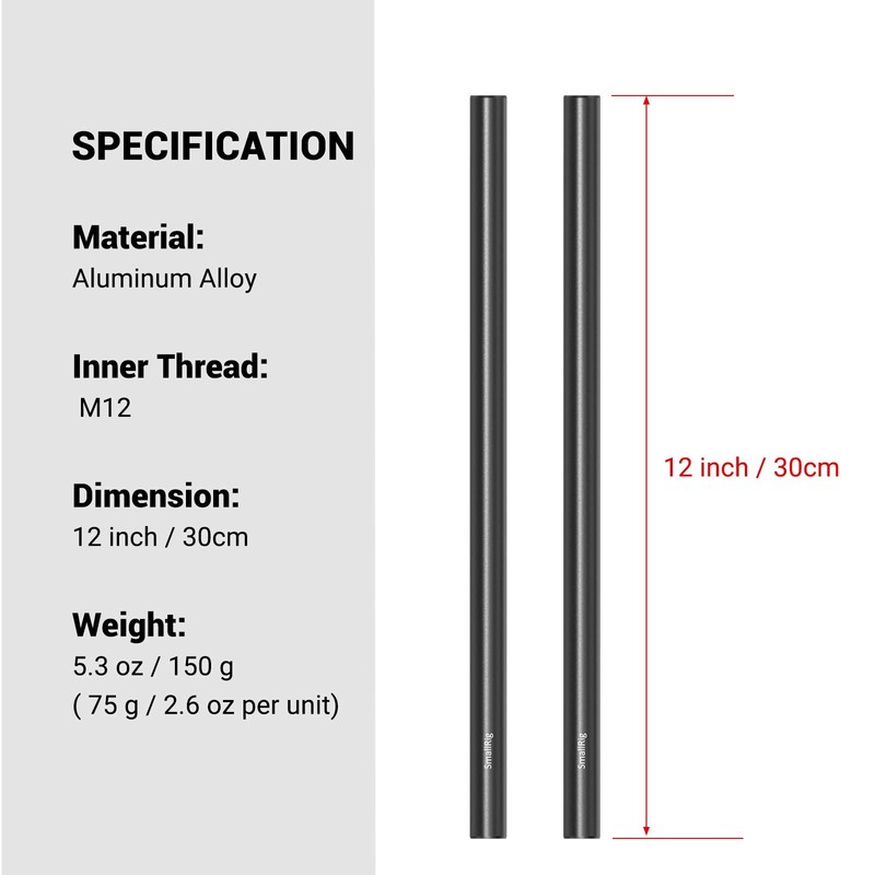 SMALLRIG Aluminum Alloy 15mm Rod - 30cm / 12 Inch