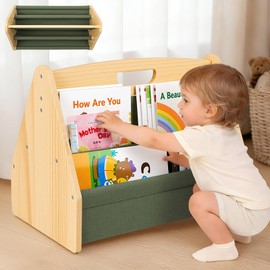 BeBeJoJo Solid Wood Toddler Bookshelf Double-Sided Montessori Kids Bookshelf for Nursery & Playroom, Baby Book Rack with Portable Handle, 4-Tier Deep Sling Organizer Easy Assembly