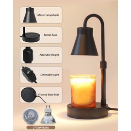 Elenhome 2 Pack Candle Warmer Lamp - Adjustable Height Candle Lamp Warmer, Stepless Dimming Function, Metal Candle Lamp for Jar Candles, No Flame Scented Candle Warmer with 2 Bulbs, Gifts for Mom