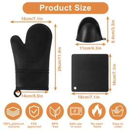 6 Pcs Oven Mitts and Pot Holders Sets for Kitchen, Extra Long Silicone Oven Gloves High Heat Resistant 500 Degrees Non-Slip Potholders Hot Pads for Baking Cooking (Black)