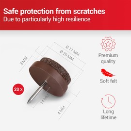 LouMaxx Chair Felt Glides with Nail Round, Diameter 20 mm, Dark Brown, Chair Glides with 3 mm Thick Felt, Felt Glides for Chairs, Premium Chair Leg Protectors, Felt Also for Furniture, Pack of 20