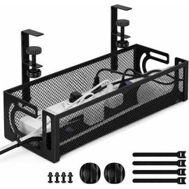 Organizador de Cables Bajo el Escritorio sin Taladro, 38.7x12x7 cm, Negro Acero al carbono con malla abierta, 2 abrazaderas, 2 clips y 4 tiras de velcro; acomoda regletas, cargadores y adaptadores