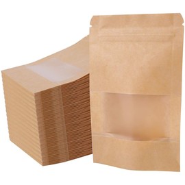 MEFENY Bolsas de Papel Kraft de 100 Piezas, con Ventana Mate y Cremallera, 5.5×3.5 in Bolsa de Almacenamiento de Alimentos, Adecuado para Almacenar Granos de Café, Frutos Secos, Golosinas (Amarillo)