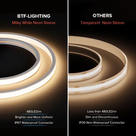 BTF-LIGHTING FCOB COB LED Strip Neon Light IP67 Waterproof 16.4FT DC24V Warm White 3000K 480LED/m CRI 90+,Dimming RF Remote RC01RFB & C01RF Controller Kit Support 4 Zones Group Control(No Adapter)