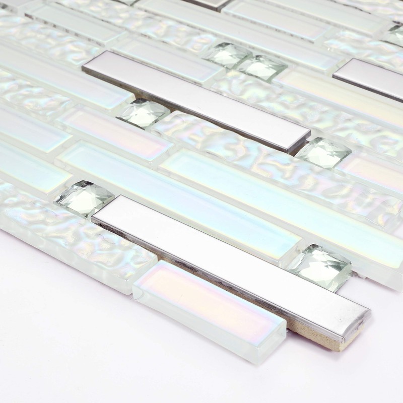 Hominter Glass Metal Tile Linear Mosaic Iridescent White Crystal Glass