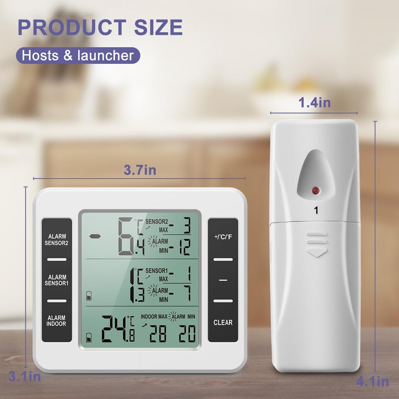 OQIMAX Fridge Thermometer, Freezer Thermometer with Alarm, Digital Fridge Thermometer