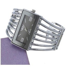 Women Luxury Cuff Bracelet Rectangular Dial Hollow Analog Quartz Wrist Watch for Ladies (Silver)