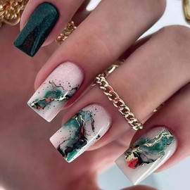 Press on Nails Square Medium Green Glossy Full Cover Acrylic Square False Nails with Marble Gold Line Designs Artificial Short Coffin Fake Nails Glue Stick on Fingernails for Women Girls