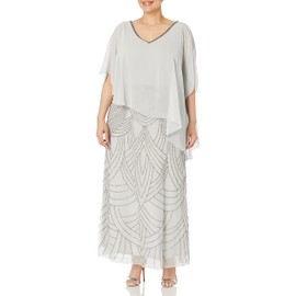 J Kara Women's Caplet V-Neck Mock 2 Piece Beaded Dress, Silver Multi, 8